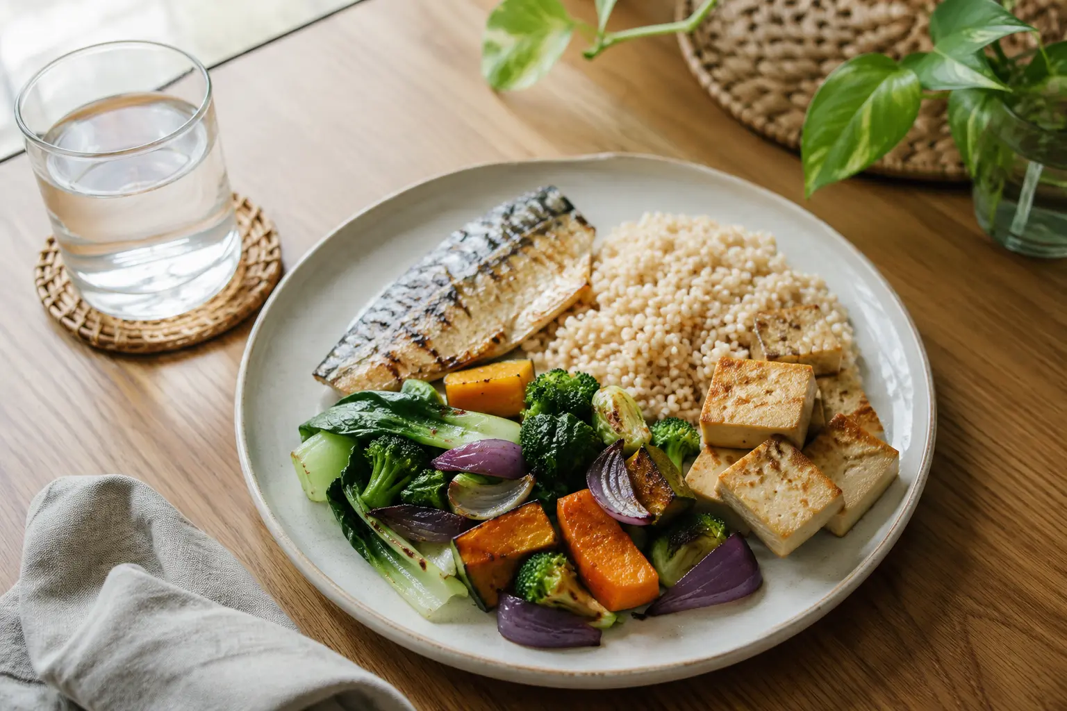A balanced plate with brown rice fish tofu and colourful vegetables
