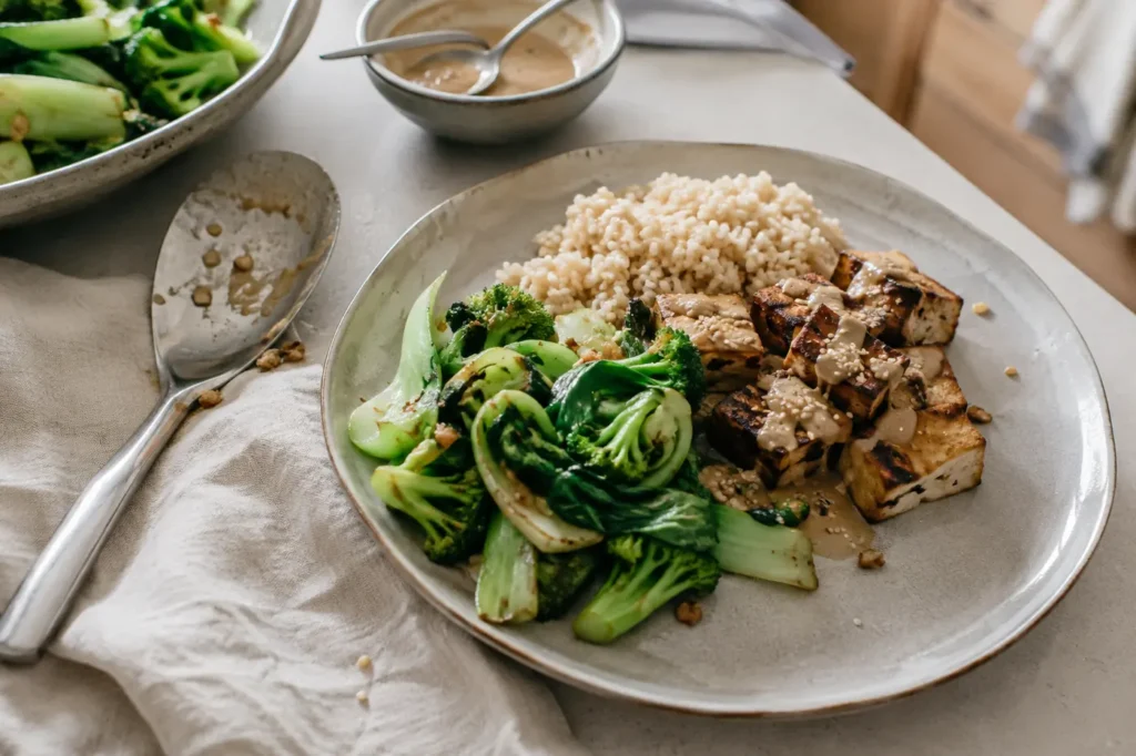 A plate of brown rice tofu and leafy vegetables being assembled