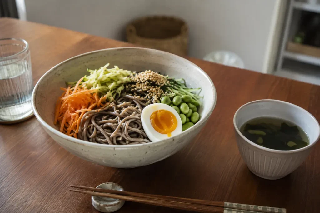 Soba noodles with edamame egg cucumber carrot and seaweed