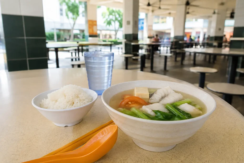 Sliced fish soup with rice and water at a Singapore hawker centre