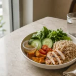 A balanced bowl with brown rice chicken pumpkin cucumber and leafy greens