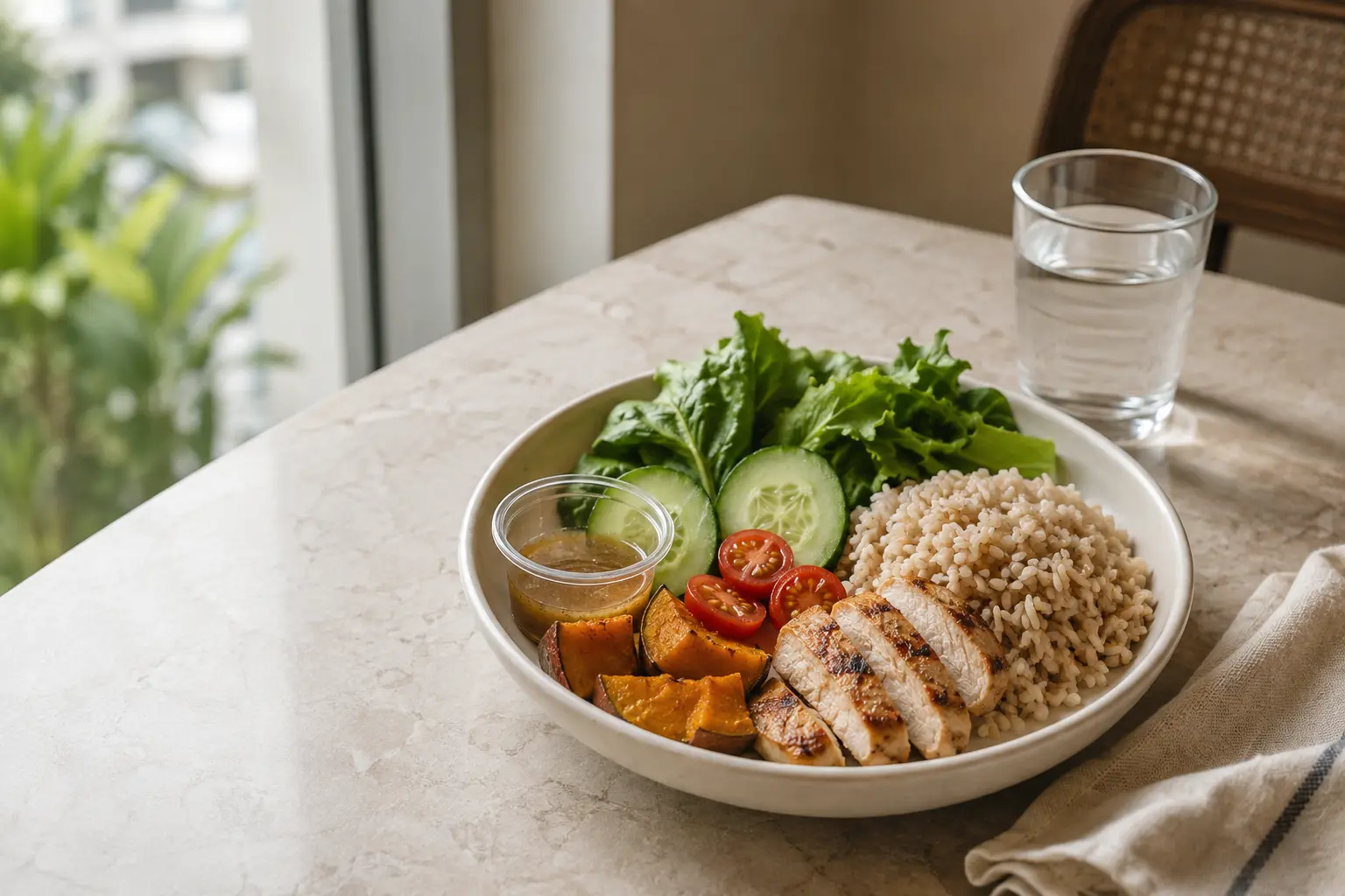 A balanced bowl with brown rice chicken pumpkin cucumber and leafy greens