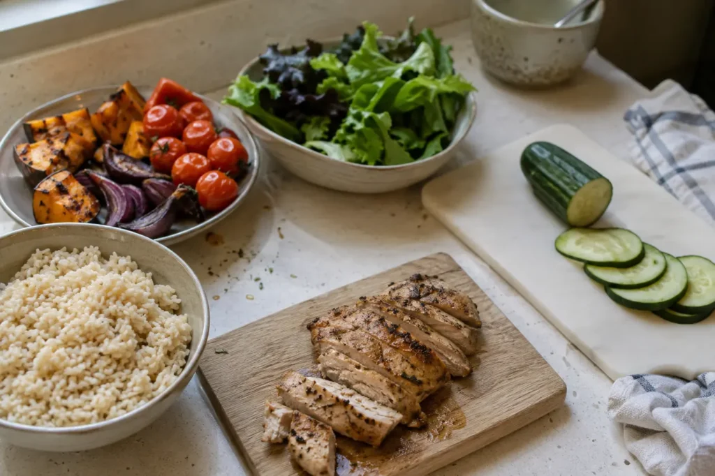 Brown rice grilled chicken pumpkin tomatoes cucumber and salad prepared for a balanced meal