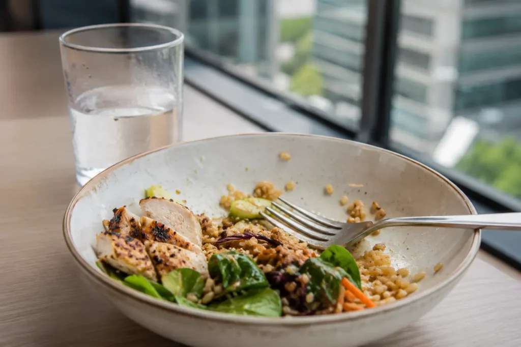 A partly eaten balanced bowl beside a glass of water