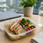 A balanced reusable lunch box with chicken brown rice and vegetables beside a laptop