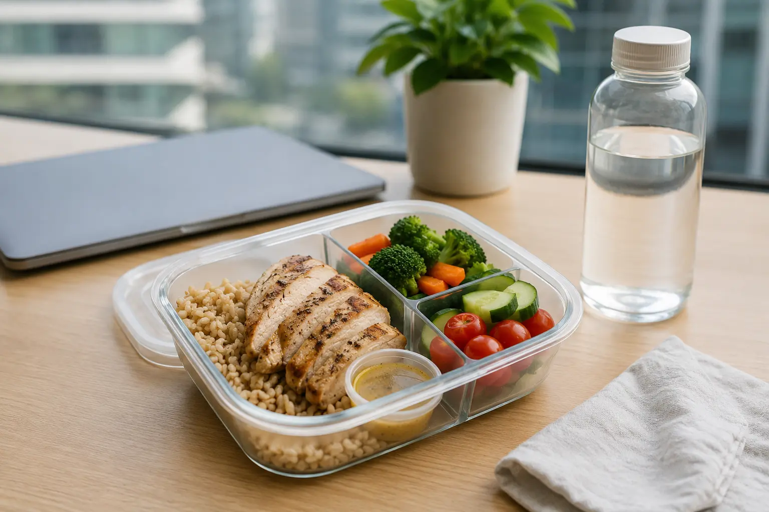 A balanced reusable lunch box with chicken brown rice and vegetables beside a laptop
