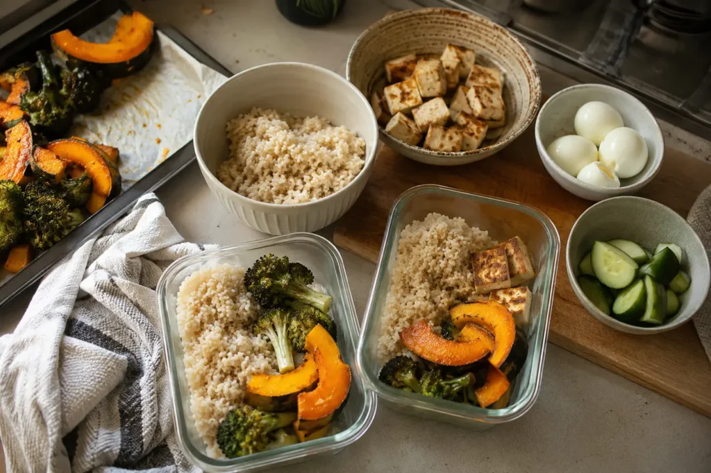 Several lunch boxes being prepared with rice tofu egg and roasted vegetables