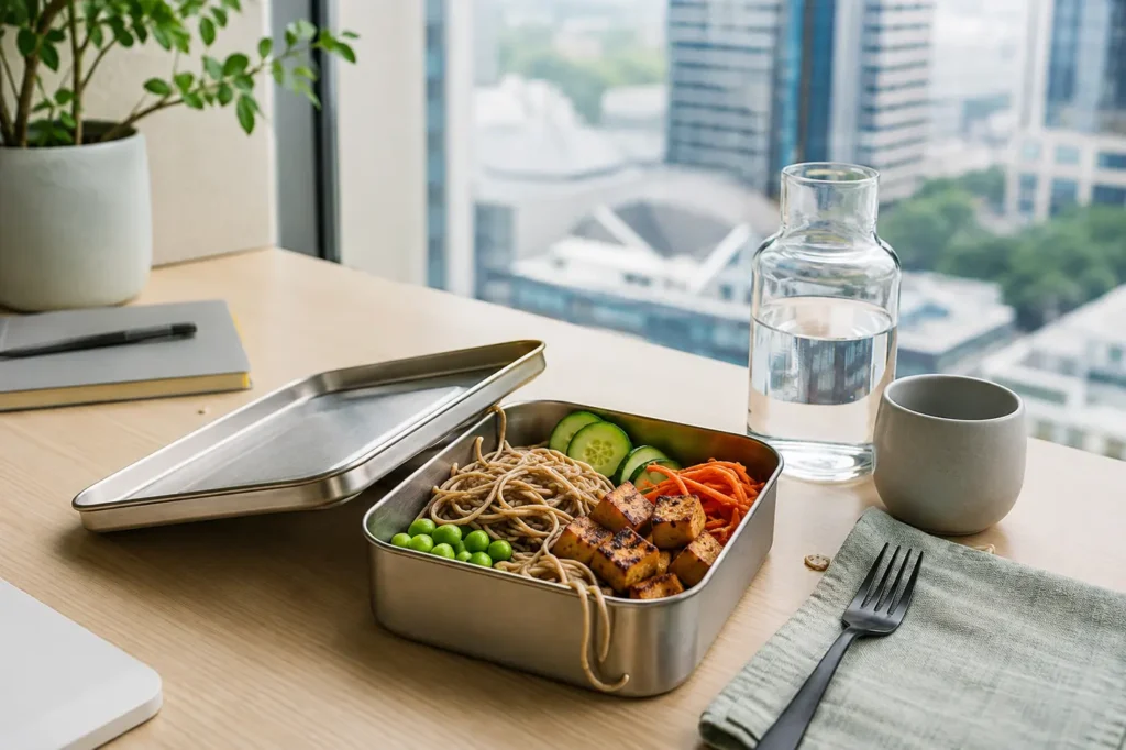 Soba noodle lunch box with chicken edamame cucumber and carrot beside a laptop