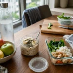 Simple meal preparation with oats eggs fruit and vegetables on a kitchen table