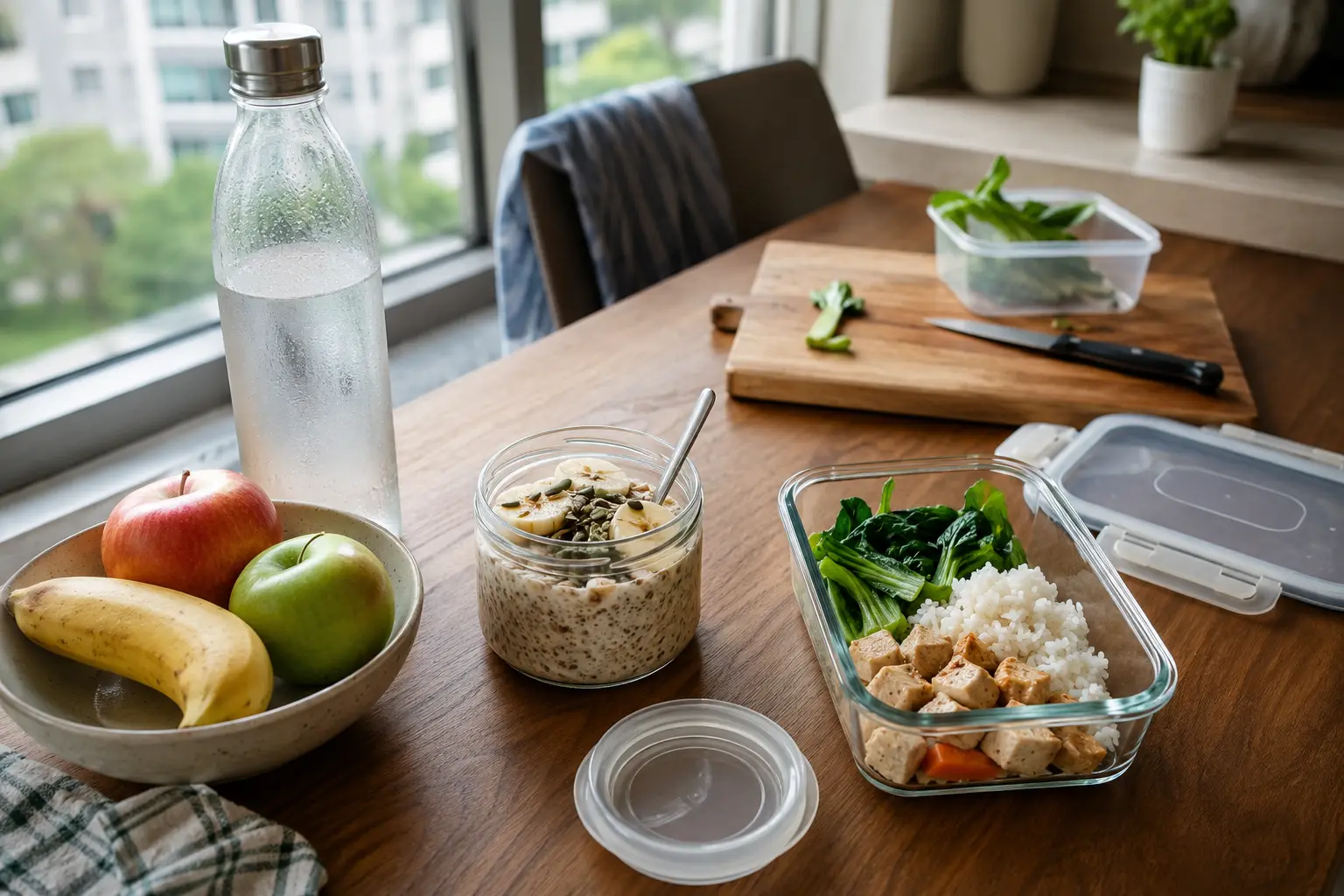Simple meal preparation with oats eggs fruit and vegetables on a kitchen table