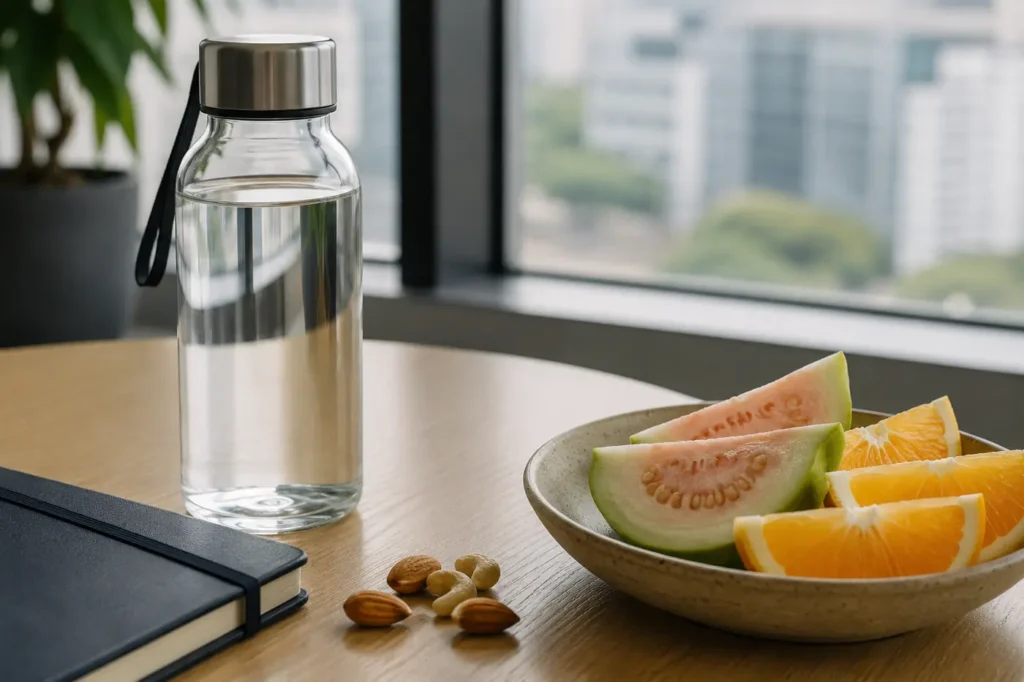Water fruit nuts and a packed lunch arranged within easy reach