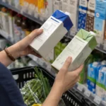 A Singapore shopper comparing beverage nutrition information in a supermarket
