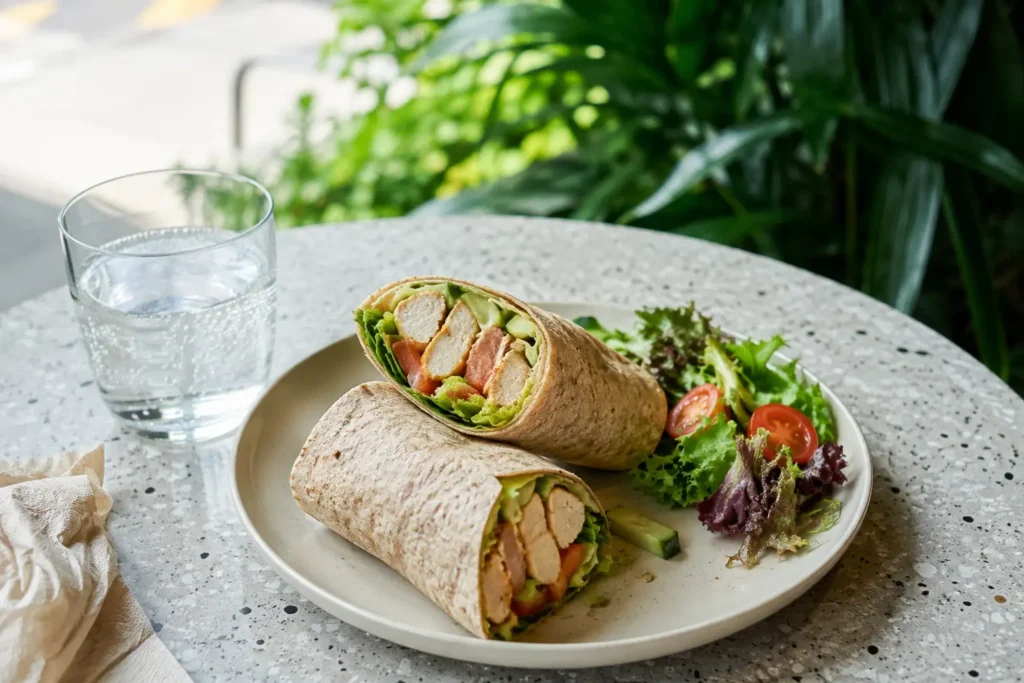A wholegrain wrap with chicken vegetables and a side salad