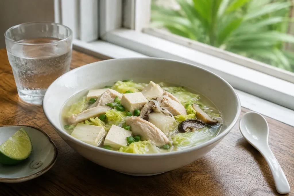 Clear soup with tofu fish mushrooms and leafy vegetables