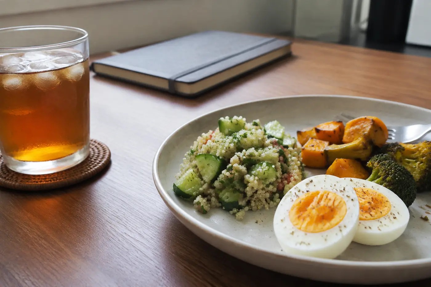 Quinoa roasted vegetables avocado and boiled eggs beside a notebook